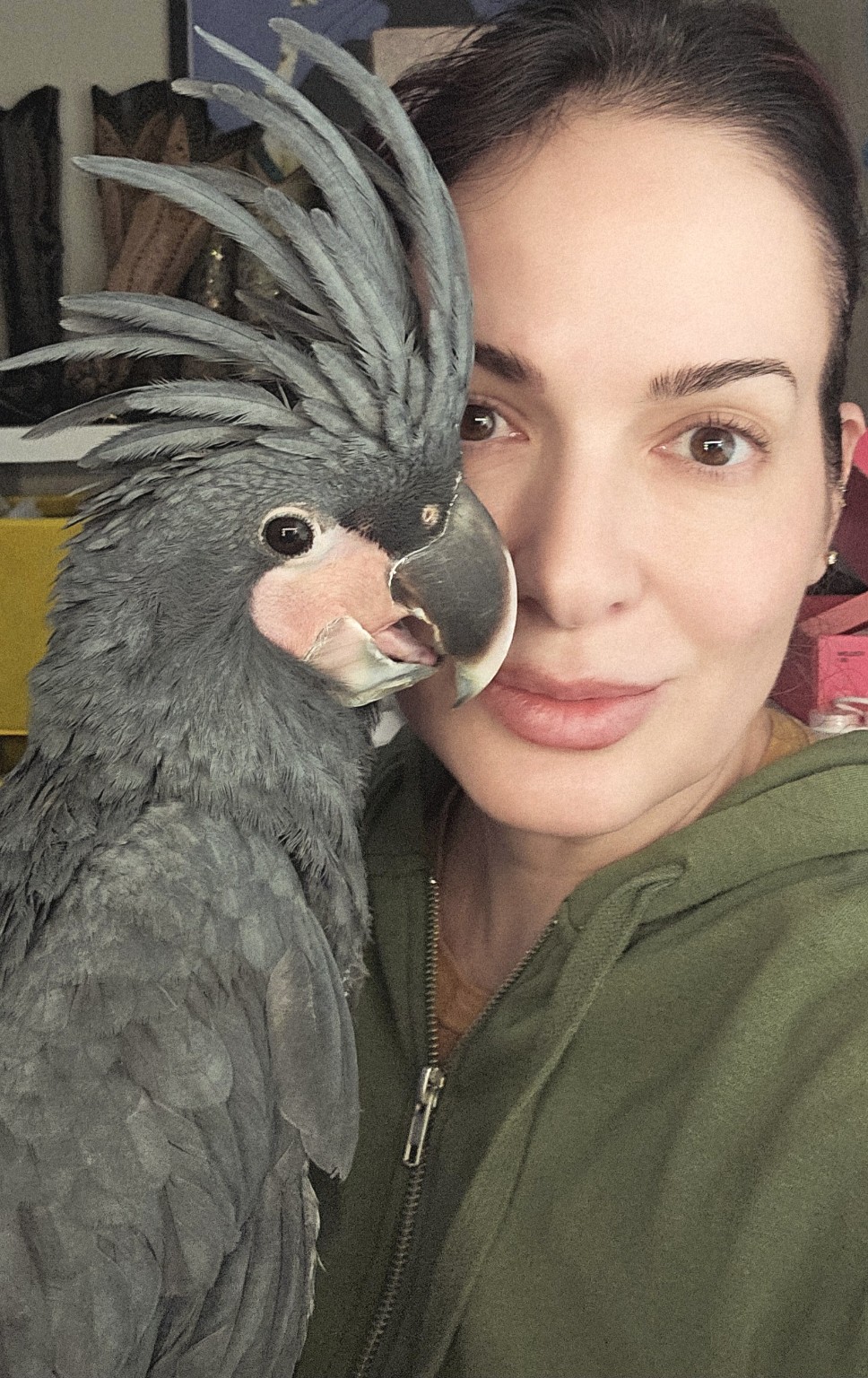 Jess J. Montgomery with a palm cockatoo